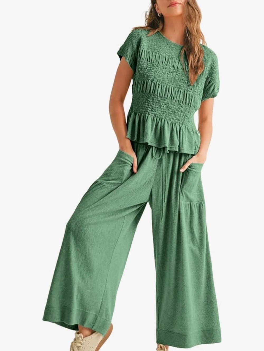 Women’s Smocked Peplum Top & Wide-Leg Pants Set - Green